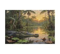 200 Piece Wooden Jigsaw Puzzle - Challenging | Swamp Alligator Sunset On The Water | Design - Adult Brain Teaser & Unique Home Decor Gift,