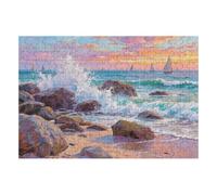 200 Piece Wooden Jigsaw Puzzle - Challenging | Waves Hitting Rocks Sail Sunset | Design - Adult Brain Teaser & Unique Home Decor Gift,