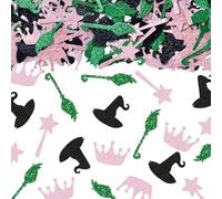 200 Pieces Glitter Pink Green Witch Confetti for Table Decorations, Crown Magic Hat Broom Confetti Decorations Let's Have A Wicked Time Paper Table Confettis for Movie Witch Birthday Party Favor