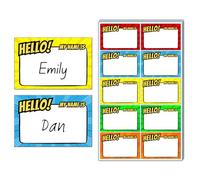 200 Pieces - Hello My Name is Stickers, Name Tags for Kids - 75 x 50 mm | Superhero Party, 5 Designs