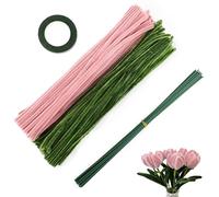 200 Pieces Pipe Cleaners Set,Chenille Stems Pipe cleaners with Floral Wires and Gardening Tape,for Tulip Bouquet Making,DIY Craft Projects (Pink Green)