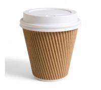 200 x 12oz Double Wall Ripple Coffee Cups with Lids | Kraft Paper Disposable Insulated Cups for Hot Drinks, Tea & Coffee | Leakproof, Recyclable Takeaway Cups for Office, Travel, Events & Cafes