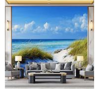 200 x 140 cm Photo Wallpaper Beach Landscape Dunes Sea, Non-Woven Premium Art Print Fleece Wall Mural Decoration, Sky Blue Wallpaper Mural Wall Art for Living Room Bedroom Children's Room