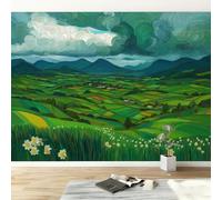 200 x 140 cm Photo Wallpaper Cubist Hill Village Wall Mural Poster, Premium Non-Woven Fleece Photo Wallpaper and Wall Mural Painting Design Green, for Bedroom TV Backdrop