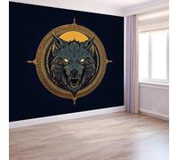 200 x 140 cm Photo Wallpaper Logo Angry Wolf, Non-Woven Premium Art Print Fleece Wall Mural Decoration, Black Wallpaper Mural Wall Art for Living Room Bedroom Children's Room