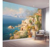 200 X 140 Cm Photo Wallpaper Mediterranean Style Premium Wall Mural Poster - Orange Houses Headland Non-Woven Large Decorative Wallpaper for Children's Room Living Room Home