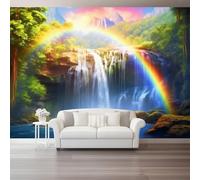 200 x 140 cm Wallpaper Tropical Jungle Waterfall Rainbow Non-Woven Premium Art Print Fleece Wall Photo Mural Decoration Poster Picture, Colorful Wallpaper for Bedroom Living Room Hallway Wall Decor