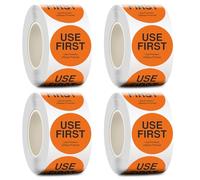 2000 Multi-Language Use First Stickers, 1.5 Inch Orange Circle Labels for Food Services, Cafes, and Restaurants, 4 Rolls of 500 Labels Each