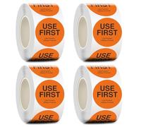 2000 PCS Use First Stickers, 1.5 Inches Circle Labels for Food Service, Orange with Black Text, Multi Language Adhesive Labels for Home Cafe Restaurant, 4 Rolls 500 Labels Each