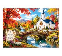 2000 Piece Jigsaw Puzzle for Adults, Autumn Country White Church Stone Bridge Swan River Fall Scenery Puzzle, Hard Difficult Large Landscape Jigsaw Puzzles