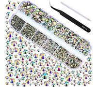 2000 Pieces Hot Fix Glass Flatback Rhinestones HotFix Round Crystal Gems 1.5-6 MM (SS4-SS30) in Storage Box with Tweezers and Picking Rhinestones Pen (Crystal AB, 6 Sizes)