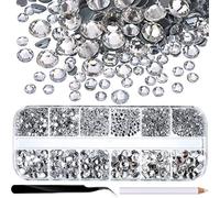 2000 Pieces Hot Fix Glass Flatback Rhinestones HotFix Round Crystal Gems 1.5-6 MM (SS4-SS30) in Storage Box with Tweezers and Picking Rhinestones Pen (Clear, 6 Sizes)