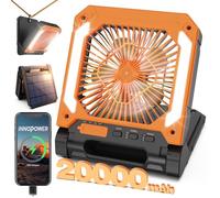 20000mAh Portable Fan Rechargeable with Solar Panel 2-in-1, 3 Speeds Cordless Battery Powered Fan with Led Lantern,Timer, Quiet USB-C Table Fan for Travel Tent Hurricane Office Home Bedroom (Orange)