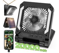 20000mAh Portable Fan Rechargeable with Solar Panel 2-in-1, 3 Speeds Cordless Battery Powered Fan with Led Lantern,Timer, Quiet USB-C Table Fan for Travel Tent Hurricane Office Home Bedroom (Black)