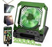 20000mAh Portable Fan Rechargeable with Solar Panel 2-in-1, 3 Speeds Cordless Battery Powered Fan with Led Lantern,Timer, Quiet USB-C Table Fan for Travel Tent Hurricane Office Home Bedroom(Green)