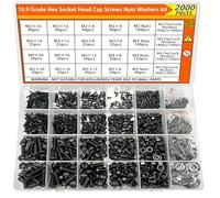 2000pcs M2-M5 Hex Button Head Screw Kit, Metric Bolts Nuts With Lock Flat Washers, 10.9 Alloy Steel Fastener Set In Storage Box