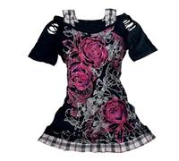 2000s Tops Y2k Grunge Shirts Alt Emo Clothes Teen Girls Cutecore Harajuku Graphic Tees Goth Whimsy Twee Short Sleeve Top, Rose Black, S