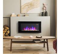 2000W Wall Mounted Tempered Large LED Flat Glass Electric Fireplace Heater Black