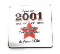 2001 - A great year. A Year You Were Born Coaster with Two Celebrities That Were Born In the Same Year. Gift, Present, Christmas, Birthday, Anniversary, Stocking Filler, Father's Day, Mother's Day