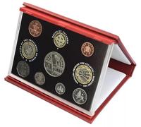 2001 United Kingdom 10 Coin Proof Set Complete with Red Leather Deluxe Case and Certificate of Authenticity