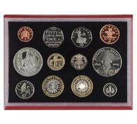 2005 United Kingdom 12 Coin Proof Set Complete with Red Leather Deluxe Case and Certificate of Authenticity