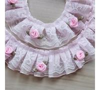 200CM Pink Rose Flower Pleated Organza Lace Edge Gathered Mesh Trim Ribbon 4 cm Width Vintage Edging Trimmings Fabric Embroidered Applique Sewing Craft Wedding Bridal Dress Embellishment DIY Decor