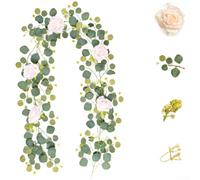 200cm Silk Flower Rattan Vine with Realistic Eucalyptus and Roses, Flexible Artificial Garland for Decor