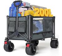 200L Festival Trolley on Wheels, 200KG Folding Wagon Cart with All-Terrain Wheels, Collapsible Camping Trolley, Adjustable Handle & Cup holders for Garden, Outdoor & Shopping, Grey