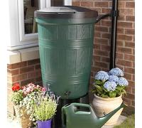 200L Litre Wood Effect Green Barrel Water Butt with Child Safe Locking Lid, Stand & Rain Diverter Drainpipe Kit.