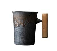 200ml/6.67oz Japanese style rough ceramic coffee cup hand wash ear gilded glaze antique large capacity wooden handle Mug for office home-Rust wood handle - random (310ml)-201-300ml