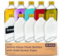 200ml Glass Flask Bottles with Gold Screw Caps, Labels and Pen - 10 Pack Reusable Empty Glass Bottles for Sloe Gin, Liqueur or Homemade Vinegar