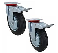200mm (8in) HD Braked Castor Wheel Rubber Tyre for Trolleys Trucks Carts 2pc