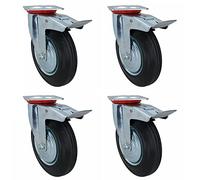 200mm (8in) HD Braked Castor Wheel Rubber Tyre For Trolleys Trucks Carts 4pc