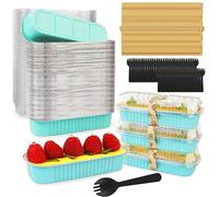 200Pcs/50Set Mini Loaf Pans with Lids Spoons and Stickers,200ML Aluminum Foil Baking Pans,Non-Stick Aluminum Mini Loaf Tins,Reusable Foil Bread Container Cake Baking Tins for Home Kitchen(Blue)