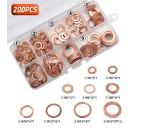 200Pcs 9 Sizes M5-M14 Solid Copper Washers Sump Plug Assorted Washer Plastic Box