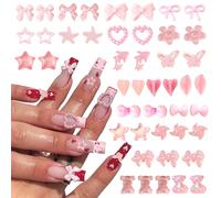 200pcs Art Nail Charms Pink 3D Multi Shapes Nail Accessories Mix Styles Butterfly Bow Star Flower Bear Fish Heart for Nails DIY Art Decoration Making Craft