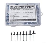 200pcs Assorted Black Rivets Standard and Large Flange Aluminum Alloy Blind Rivets 8-18mm for Construction, Automotive, Marine and Industrial Applications