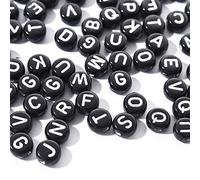 200pcs Black Acrylic Flat Round Alphabet Letter Beads 7mm Pony Disc Coin A-Z White Letter Pattern Loose Spacer Beads for DIY Bracelet Jewelry Making