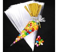 200pcs Clear Cone Bags, BetterJonny Sweets Transparent Cellophane Bags Triangle Plastic Cone Bags for Cookies Snakes with 100 Gold and 100 Silver Twist Ties