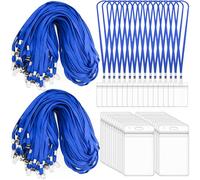 200Pcs Clear Plastic Horizontal Name Tags Badge ID Card Holders 200 Pcs Neck Lanyards, Name Tags Lanyards and ID Holder for Nurses Teacher Students, Blue