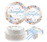 200Pcs Fall Little Pumpkin Baby Shower Decorations Blue Pumpkin Plates and Napkins A Little Pumpkin is on The Way Boho Floral Tableware Set for Boy Baby Shower Fall Thanksgiving Party Supplies Serve50