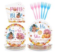 200Pcs Fall Thanksgiving Gender Reveal Party Decoration He or She What Will Our Turkey Be Plates and Napkins Pink and Blue Tableware Set for Fall Gender Reveal Turkey Birthday Party Supplies Serves 50