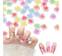 200PCS Flower Nail Charms 3D Tropical Hawaii Flowers, Colorful Acrylic Nails Art Gems Flatback Pearl Mini Caviar Beads, Translucent Summer Floral Nail Gem Jewelry Nails Design for Women Manicure