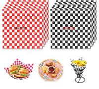 200Pcs Greaseproof Paper Sheets, Oil-Resistant Food Wrapping Paper Sheets, Waterproof Food Basket Liners Paper for Deli Fish Burger Sandwich Cake Fries 2 Colors (Red & Black) 22 x 22cm