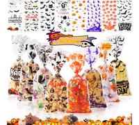 200pcs Halloween Cellophane Bags, Pumpkin Spider Bat Candy Transparent Halloween Sweet Treat Bags With Twist Tie for Trick or Treat Party Favor Supplies