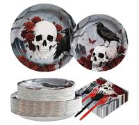 200Pcs Halloween Gothic Skull Party Decorations Halloween Skull Rose Floral Crow Plates and Napkins Goth Butterfly Dessert Tableware Sets for Family Skeleton Holiday Birthday Party Supplies Serve 50