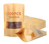 200PCS Kraft Paper Bags with Window, 14x20x4CM Standing Brown Paper Bags, Resealable Stand up Pouch, Waterproof Zipper Seal Bag Suitable for Dried Fruit, Tea Seeds, Nut, Coffee Bean