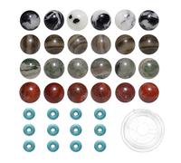 200pcs Mixed 8mm Natural Stone Beads Black White Zebra Red Jasper Green Black Wood Grainstone Round Bulk Gemstone and 6mm Synthetic Turquoise Spacers for Jewelry Making Bracelet Necklace