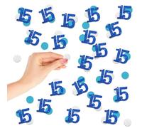 200PCS Number 15 Confetti, Blue Glitter 15th Birthday Paper Confetti, Silver Circle Cut Out for Birthday, 15th Anniversary Party Decoration