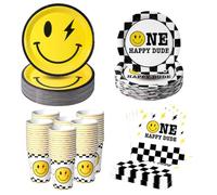 200Pcs One Happy Dude Birthday Plates Yellow Smile Face Party Plates One Happy Dude Paper Plates Cups Napkins Decor Disposable Party Favors for Birthday Baby Shower Wedding Bachelor Party,Serves 50